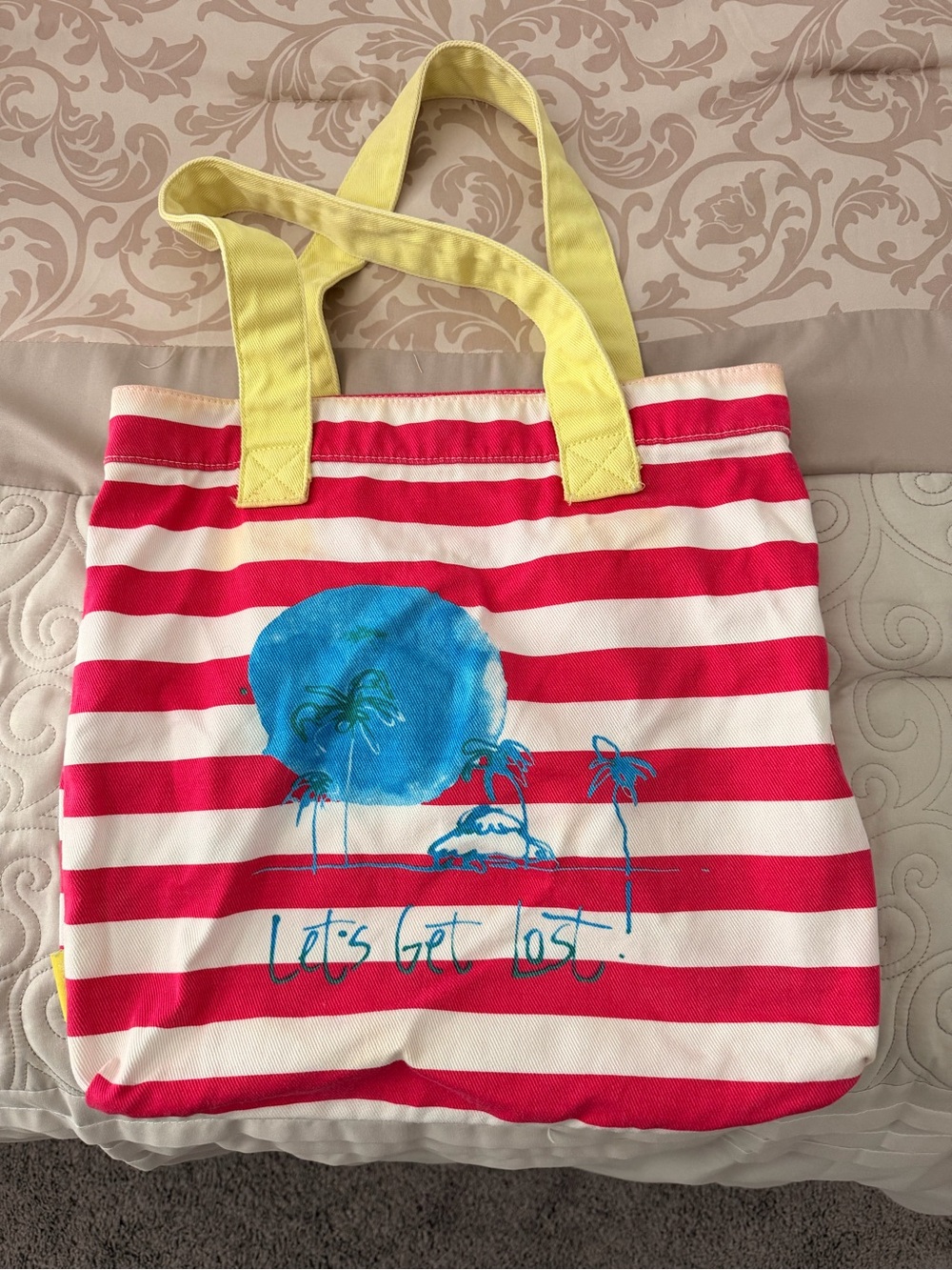 Striped 'Let's Get Lost' Beach Tote in Pink and Yellow